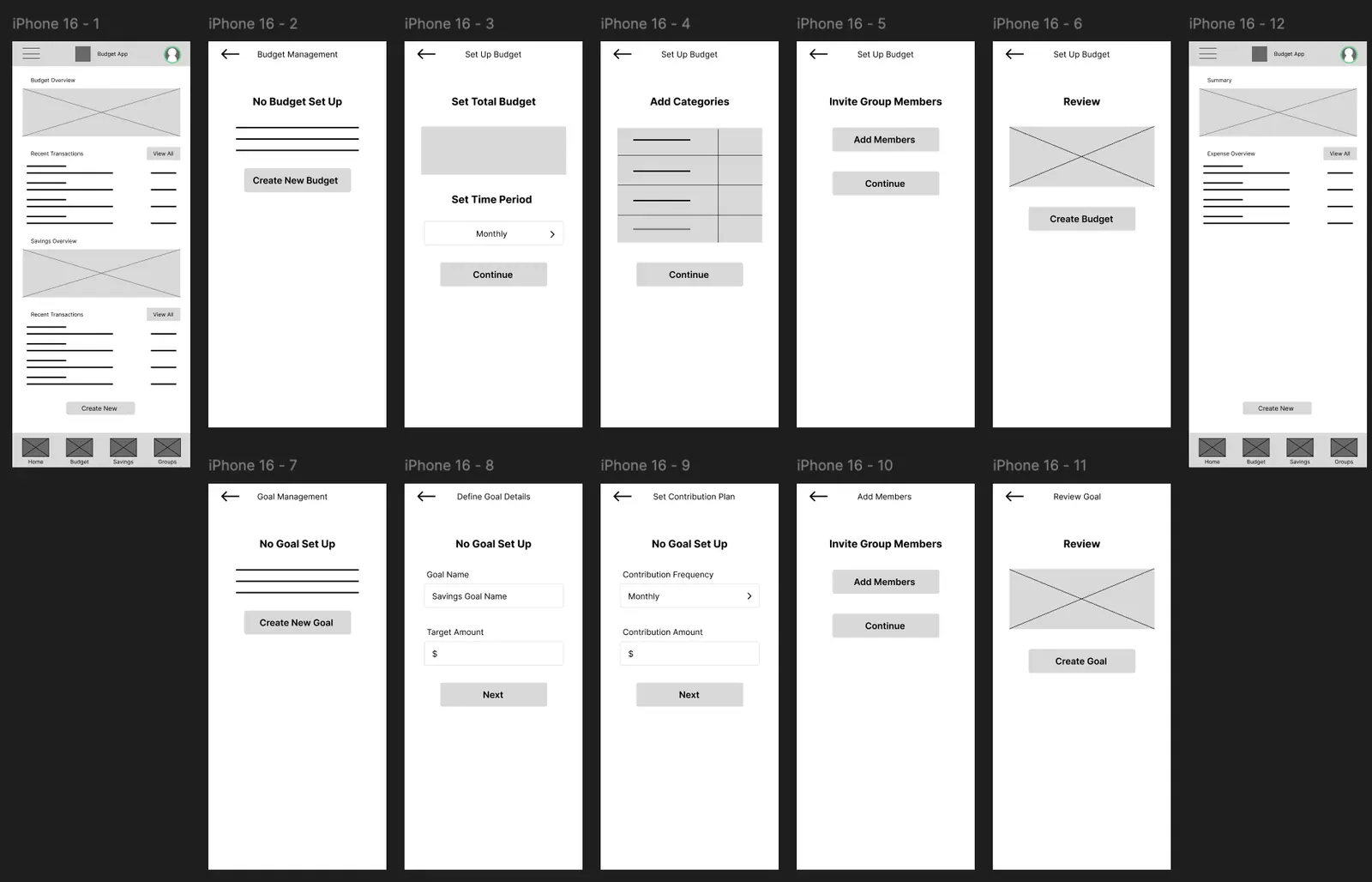 Friends & Finance mid-fidelity mockups
