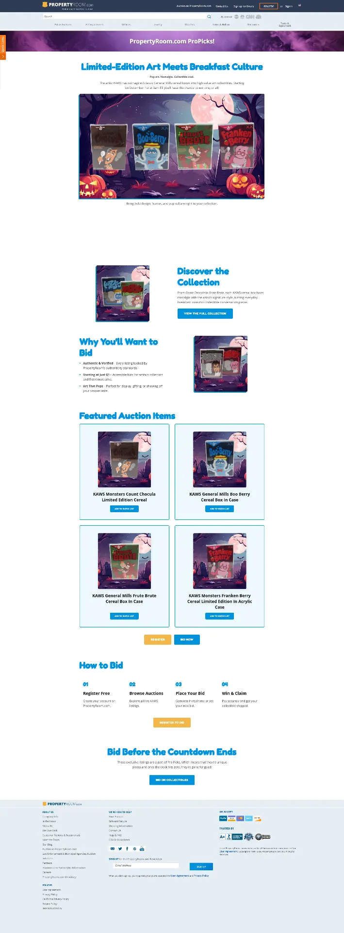 KAWS Cereal Box Auctions — web design project preview